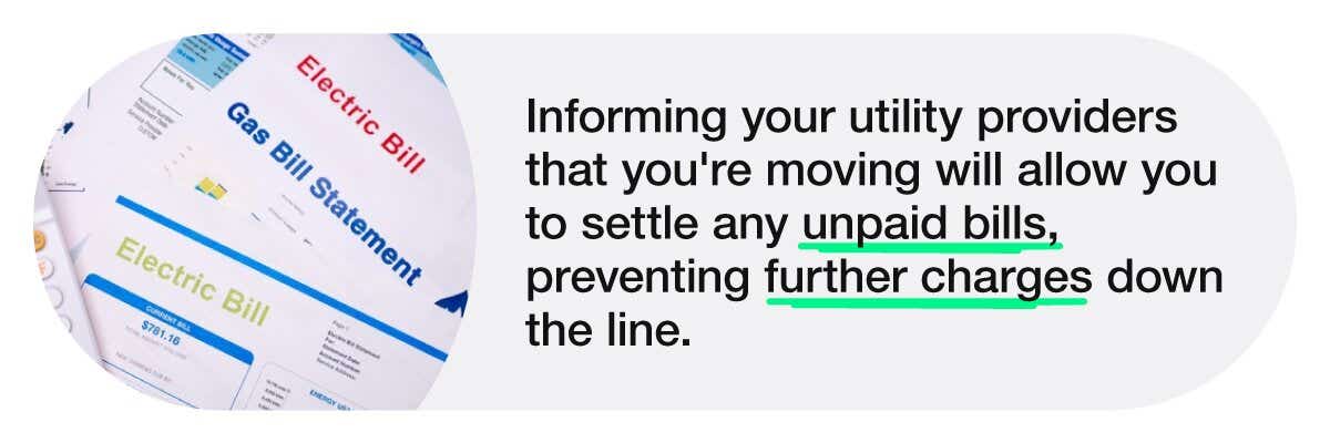  A mini infographic showing utility bills alongside text talking about the benefits of informing utility providers that you're moving house.