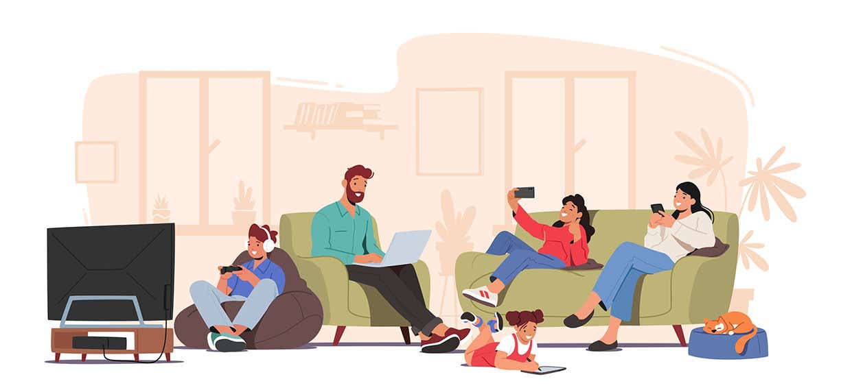 illustration of a family using many internet connected devices