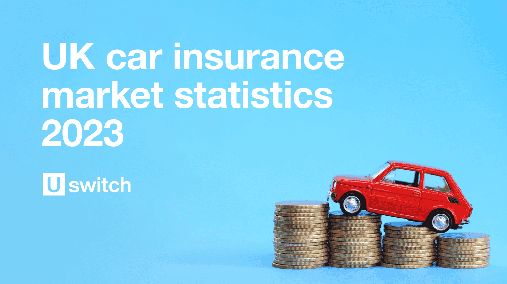 An image showing a car on top of a stack of coins and the title "UK car insurance statistics 2023".