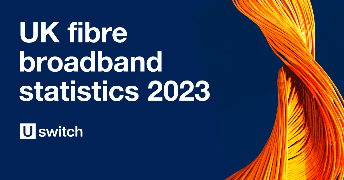 Feature image with the title 'UK fibre optic broadband statistics 2023' and a picture of some fibre optic cable