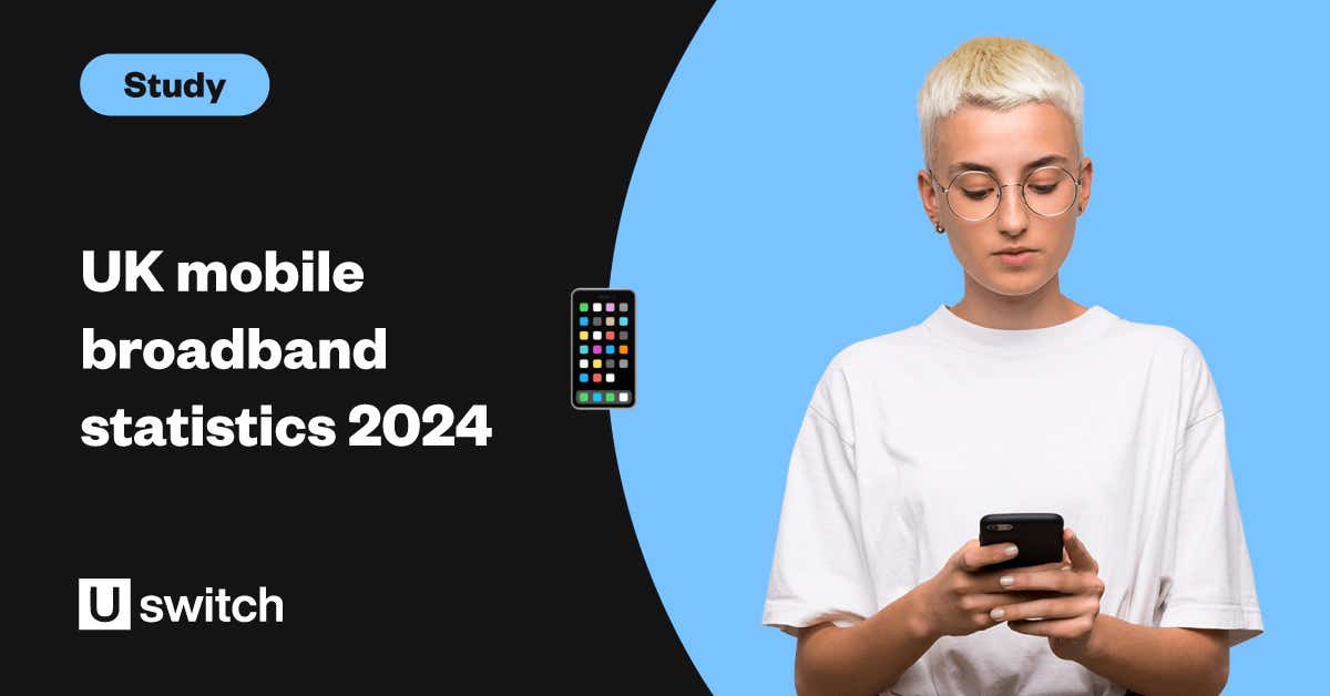 Image of a woman using mobile phone alongside the title 'UK mobile broadband statistics 2024.'