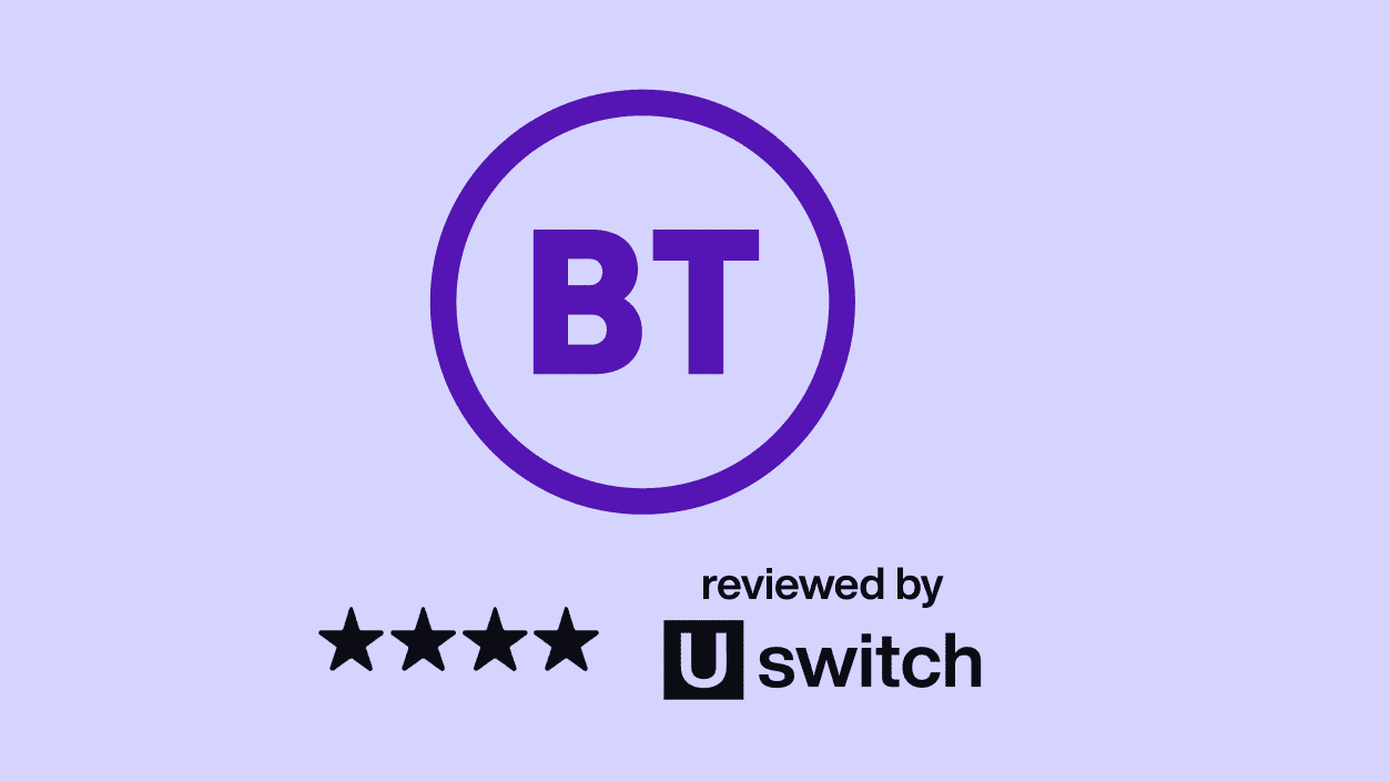 bt logo with a star rating and uswitch logo underneath