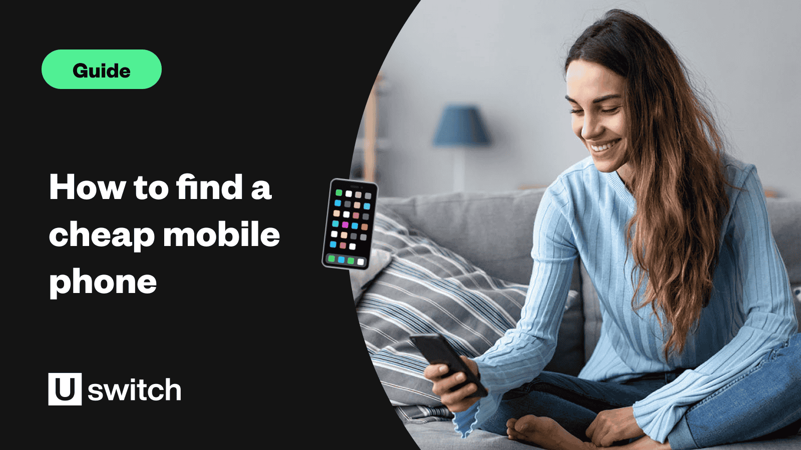 woman smiling using her smartphone on her sofa