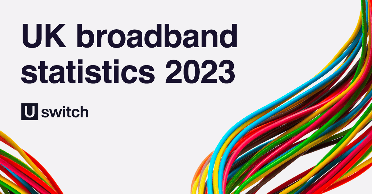 An image featuring a mobile phone mast on the right-hand side, with the words "UK broadband statistics 2023" and "Uswitch" on the left-hand side.