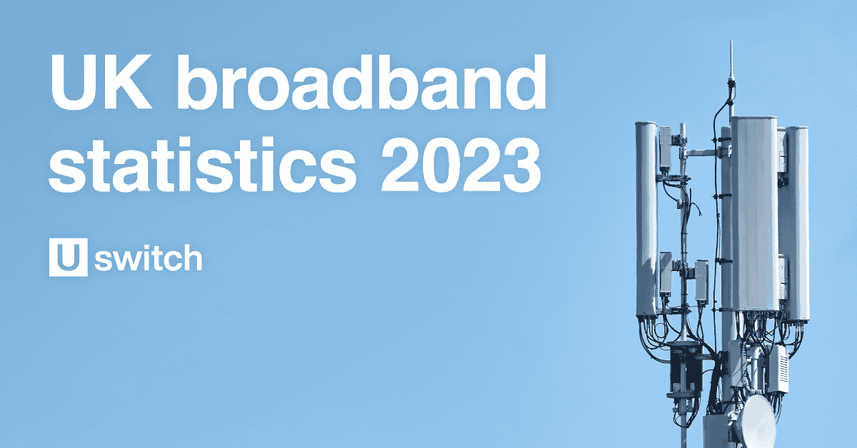 An image featuring a mobile phone mast on the right-hand side, with the words "UK broadband statistics 2023" and "Uswitch" on the left-hand side.