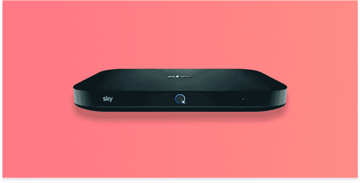a sky q set top box product image with a red background