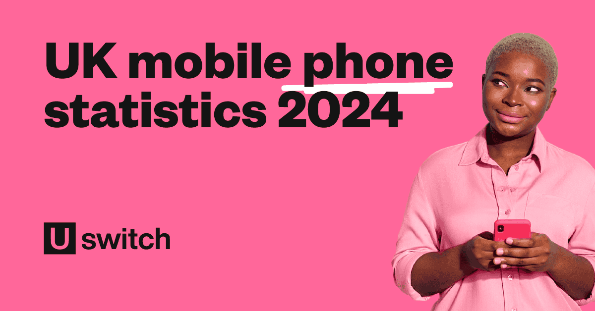 Feature image with the title 'UK mobile phone statistics, 2023' and a man sitting in a beanbag whilst using his phone.