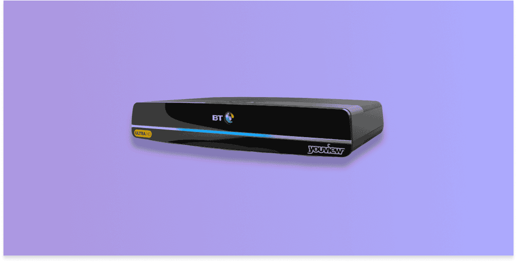 image of the BT youview plus box with a purple background