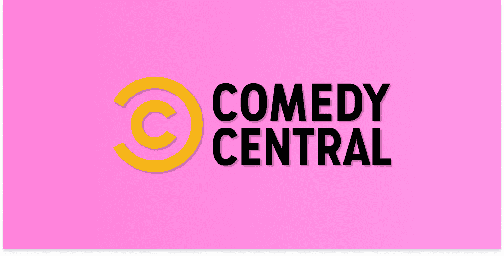 comedy central logo on a pink background