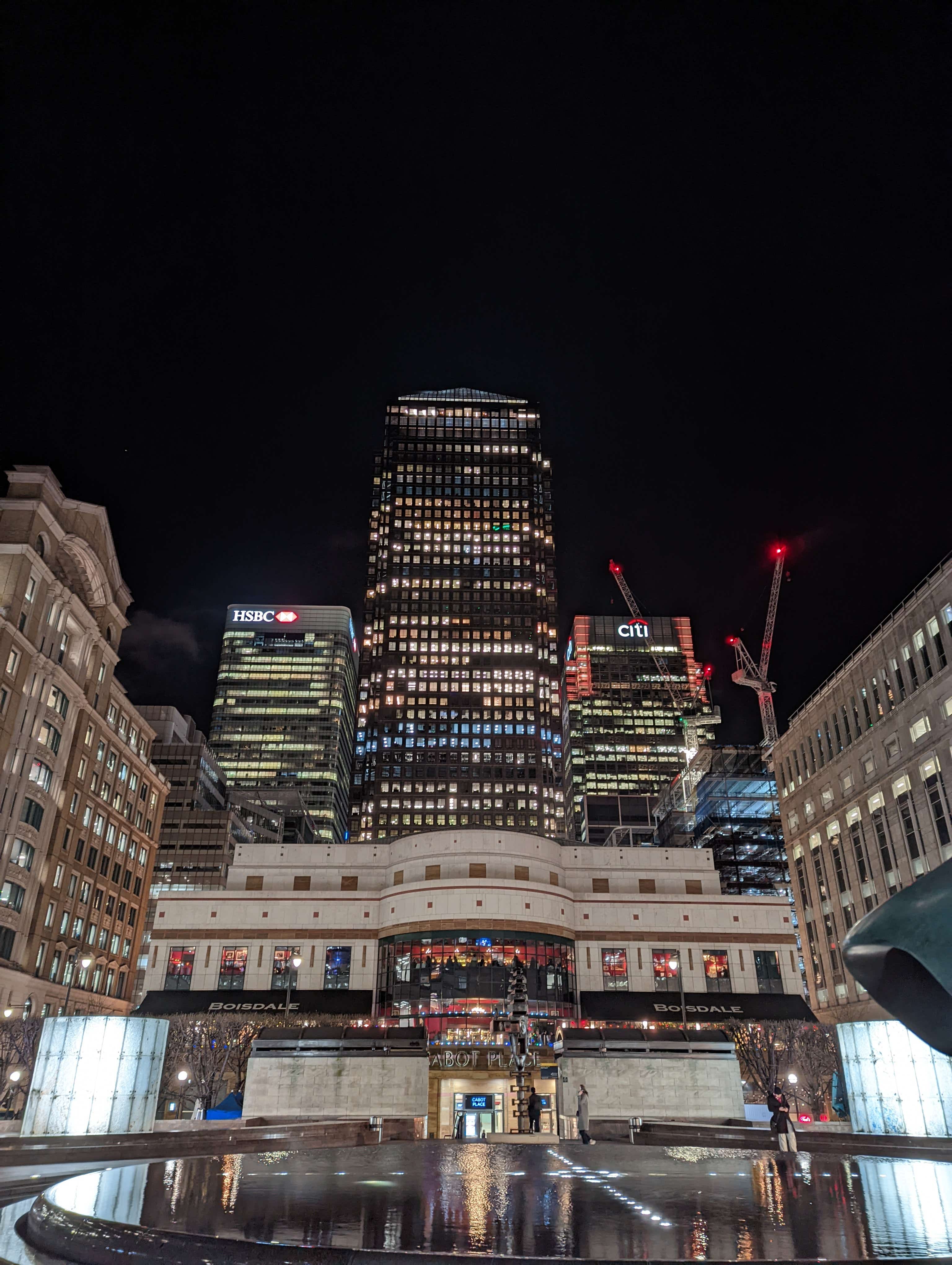 Google Pixel 6 Pro night sight shot of Canary Wharf