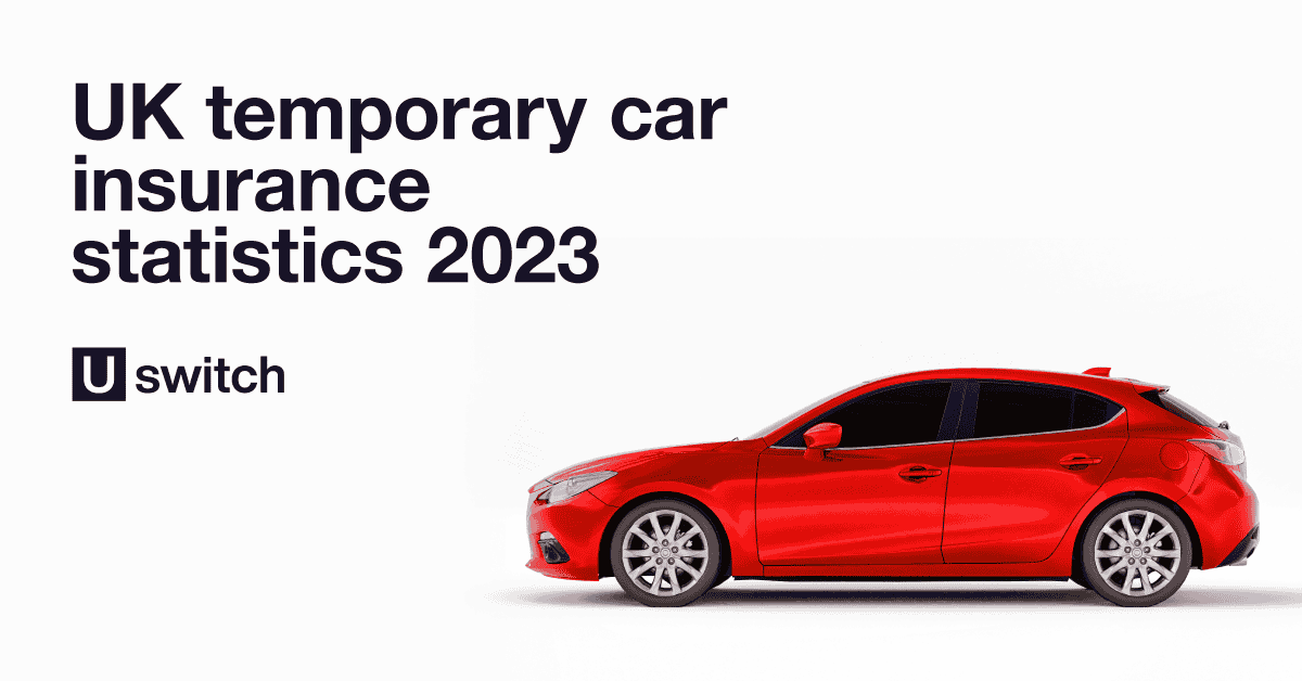 banner image showing a red vehicle, side on. Text above reads "UK temporary car insurance statistics 2023", and below is the Uswitch logo.