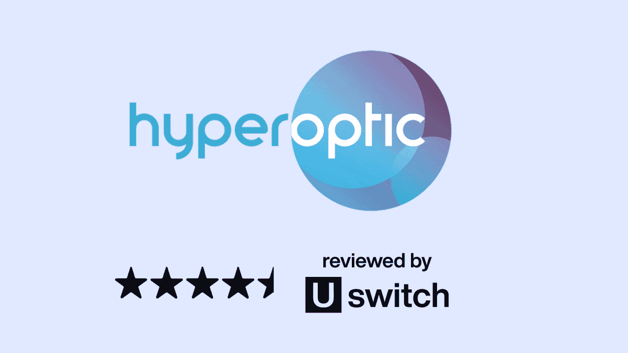 hyperoptic logo with a light blue background and Uswitch 4.5 star rating