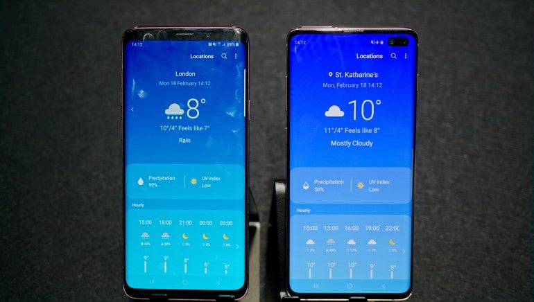 Samsung Galaxy S9 and S10 comparison weather app screen