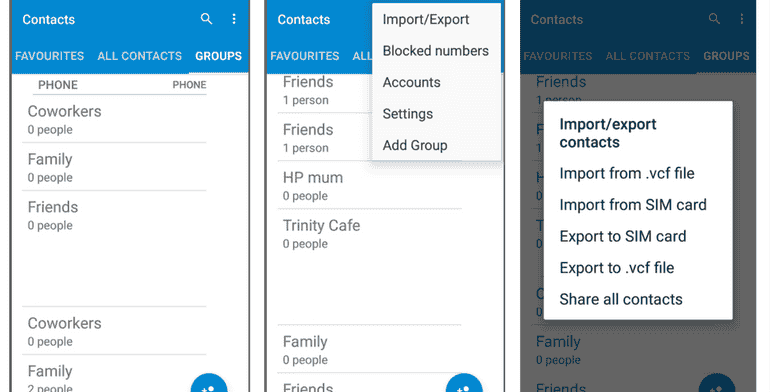 Android contacts menu