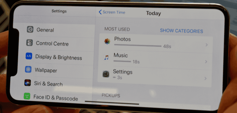 iPhone XS Max screen time layout