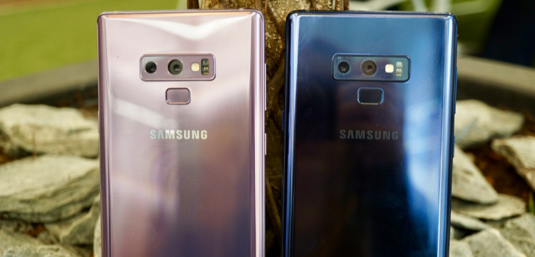 Samsung Galaxy Note 9 purple and blue backs camera lenses fingerprint scanner hero size