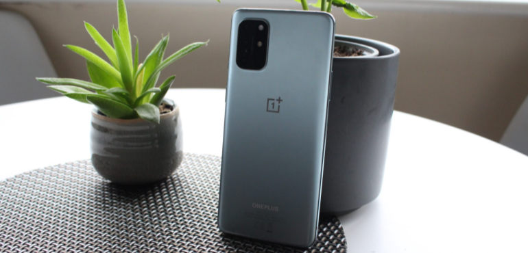 OnePlus 8T silver stood up back