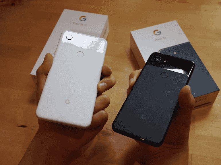 Google Pixel 3a and 3XL side to side in hand back