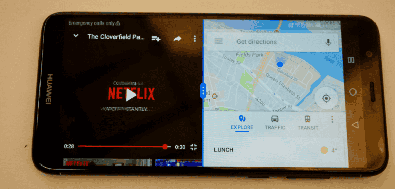 Huawei P smart split screen Netflix and Google Maps