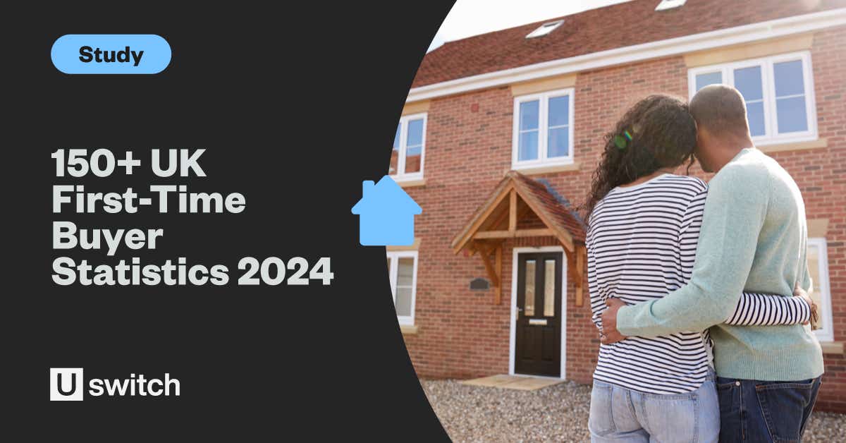 Feature image showing a couple of first-time buyers with the title "150+ UK First-Time Buyer Statistics 2024"