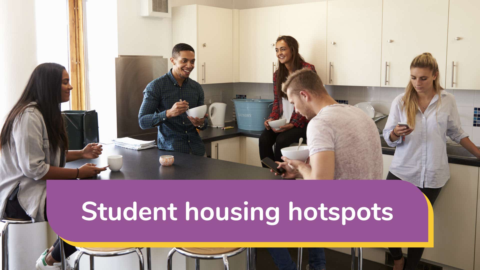 students talking/gathering in a communal area with the title: student housing hotspots