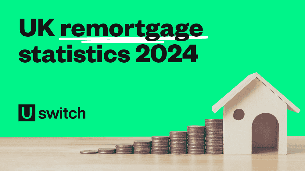Feature image showing a house with a stack of coins next to it and the title "UK remortgage statistics 2023"