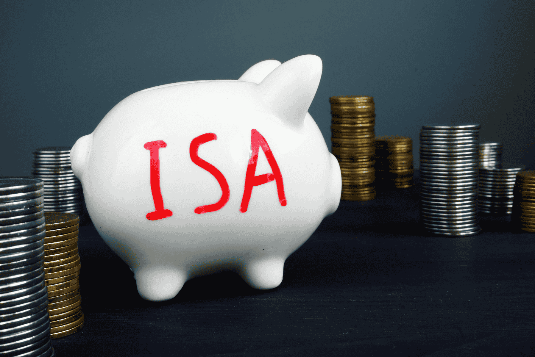 A piggy bank with "ISA" written on it surrounded by coins