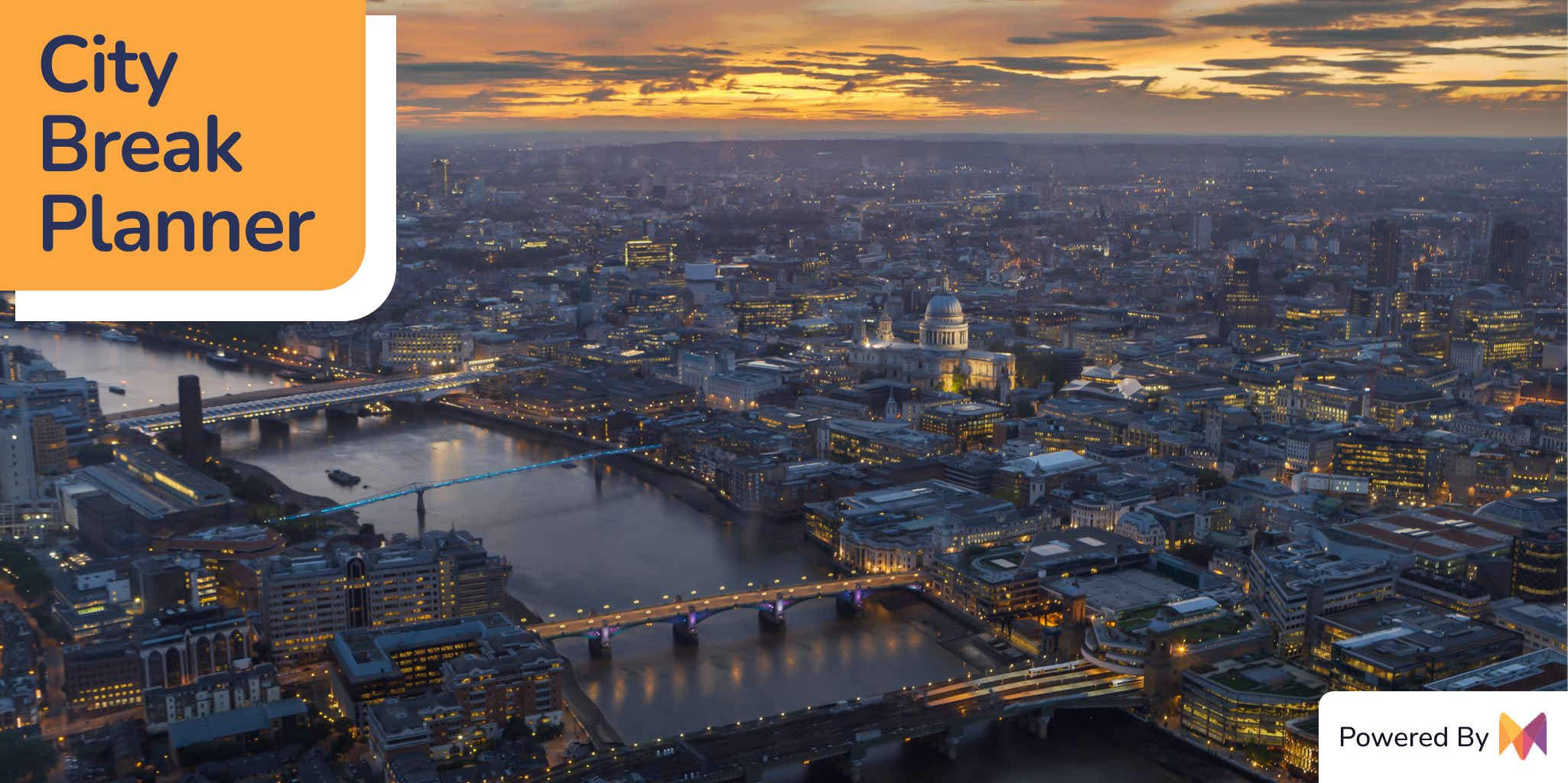 birdseye view of london during sunset with the title 'city break planner'