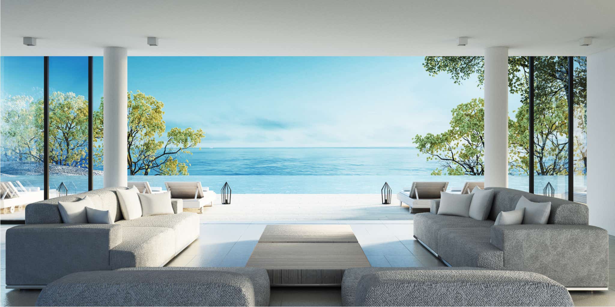Overseas property, view of outdoor living space and sea in background