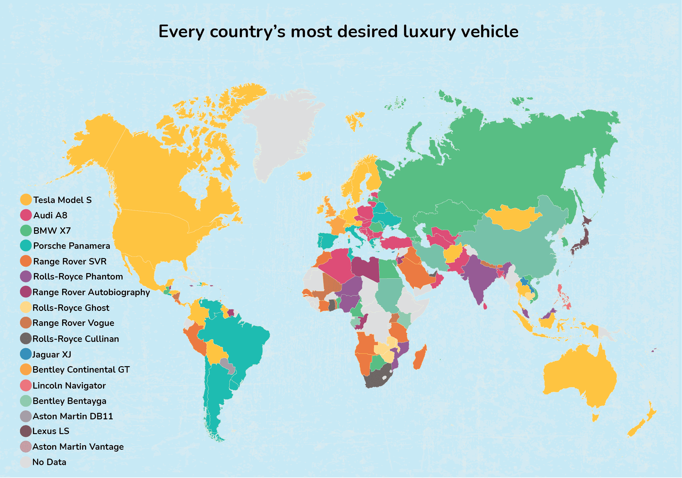 A map showing every country's most desired luxury car.
