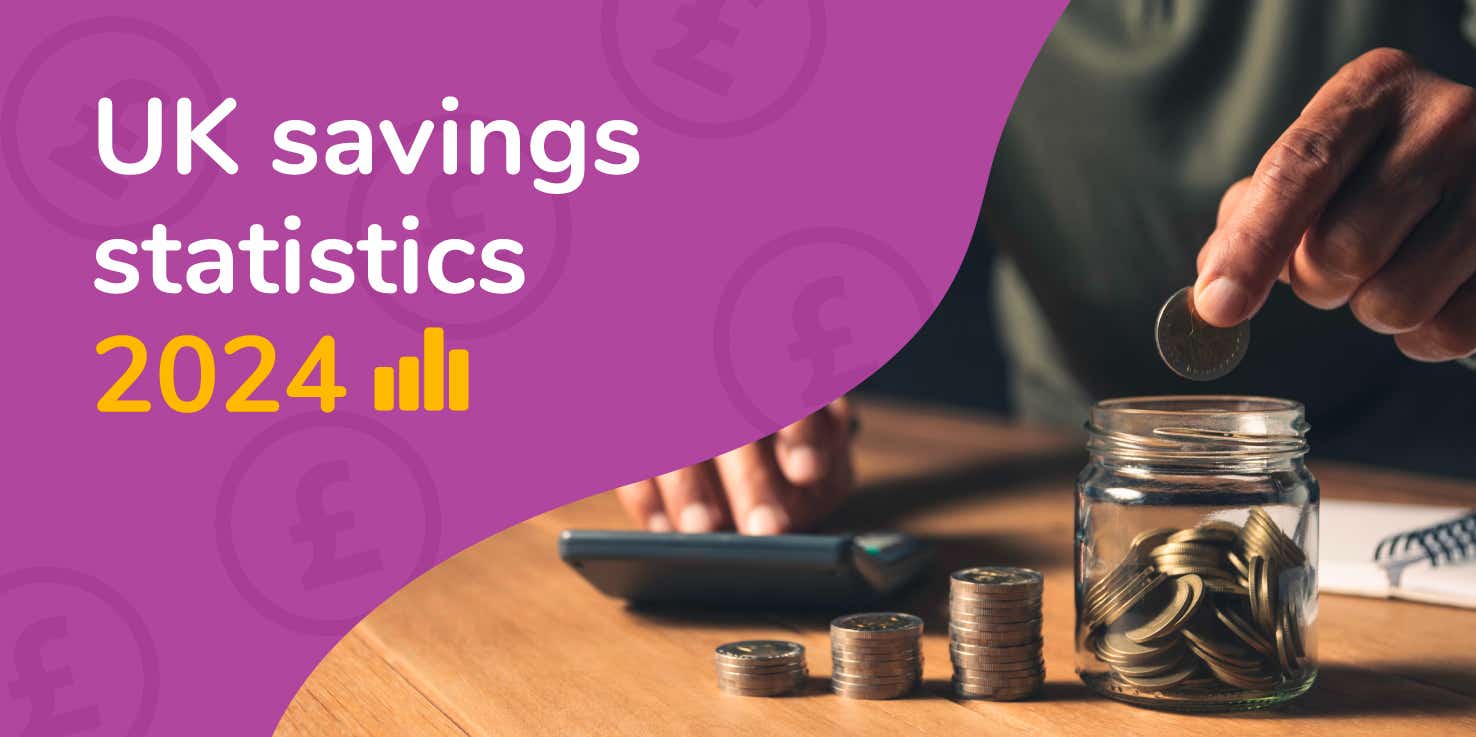 Feature image with the title 'UK savings statistics 2023' and a picture of someone putting money into a savings jar
