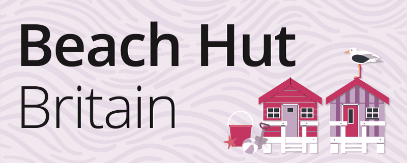 A graphic of beach huts with a seagull on top alongside a title which reads: Beach Hut Britain.