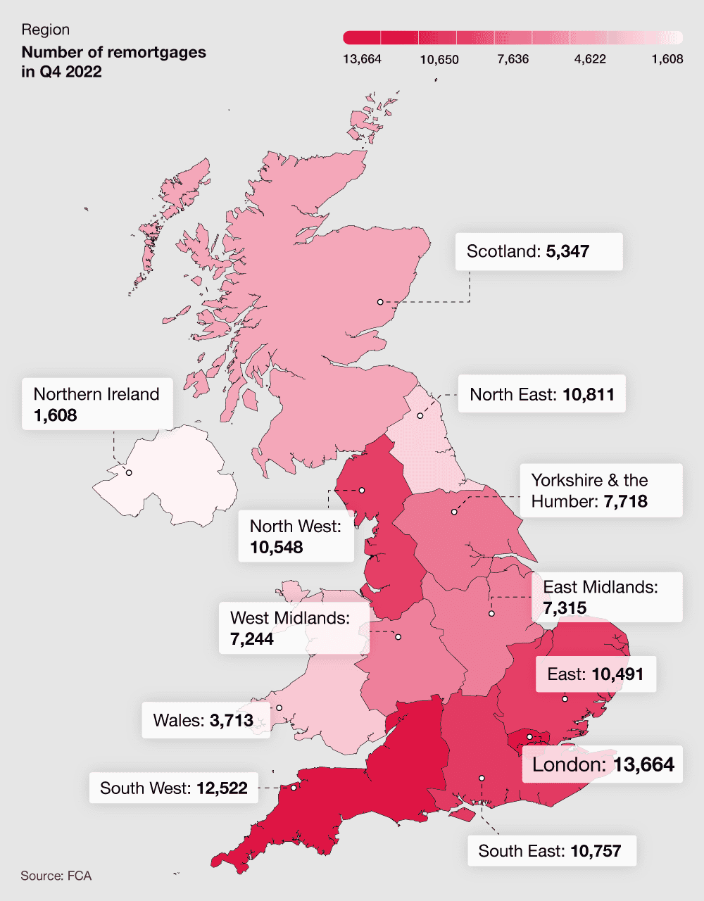  A shaded map of the UK showing the breakdown of remortgage approval statistics across the UK