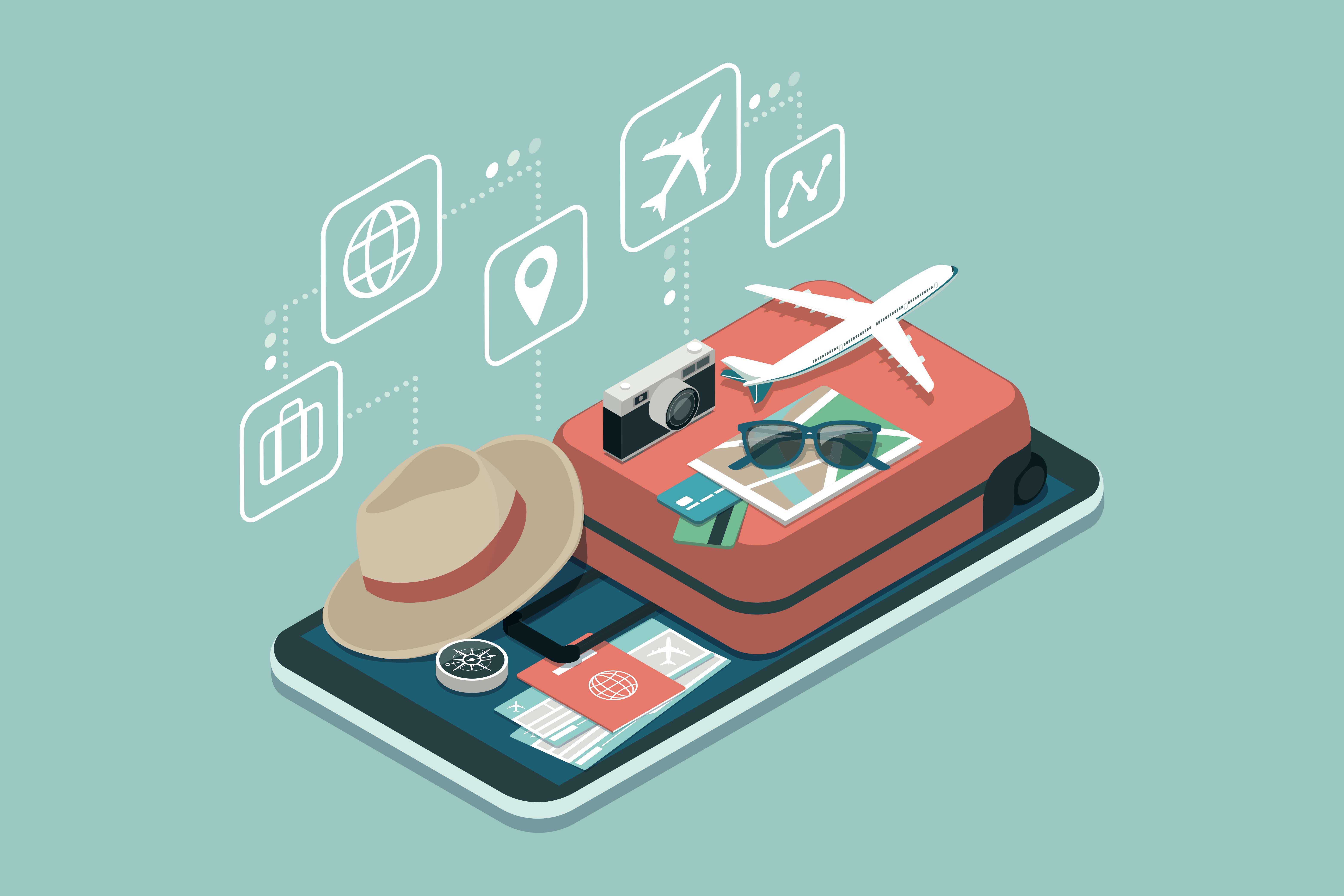 An illustration of a suitcase along with a passport, hat, camera, sunglasses and model aeroplane.