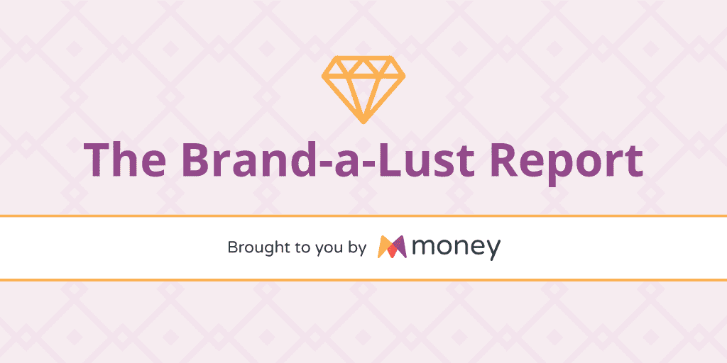 A lilac background with a gold diamond graphic which reads: The Brand-a-Lust Report - brought to you by Money