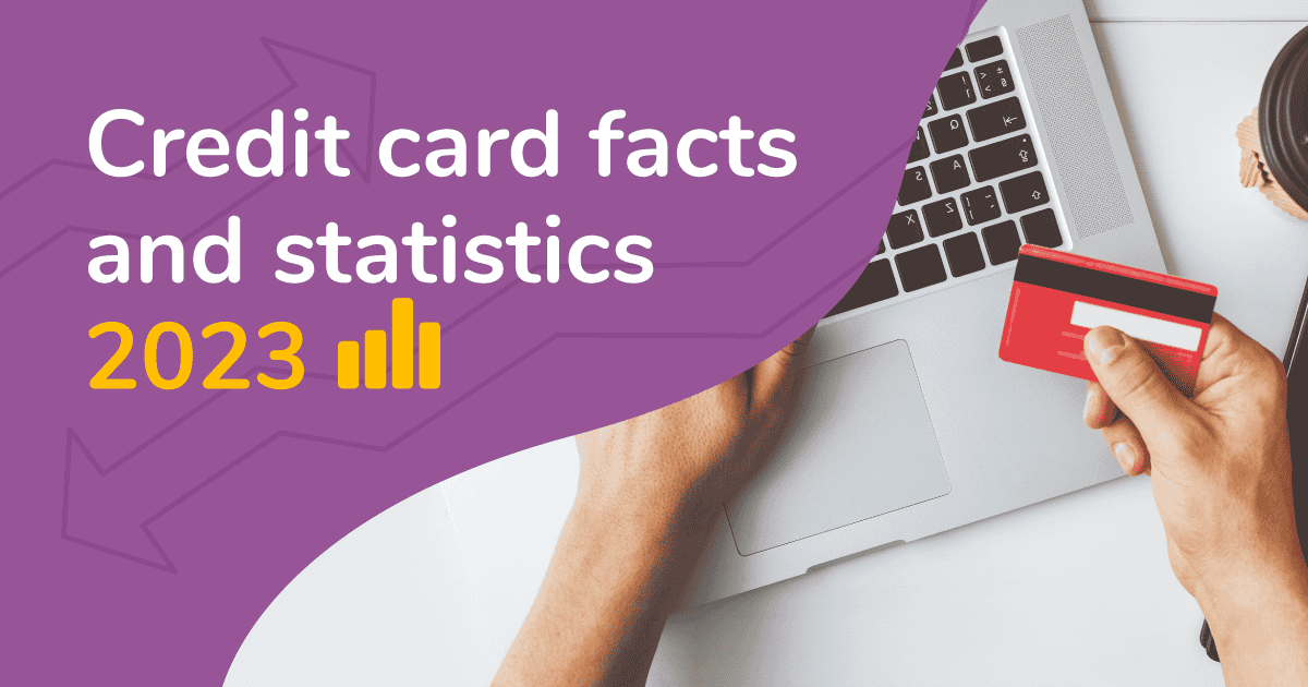 A picture of a person holding a credit card in front of a laptop. The title "Credit card facts and statistics 2022" is written over the top.