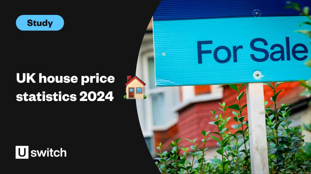 Feature image with the title 'UK house price statistics 2024' and a picture of a house for sale