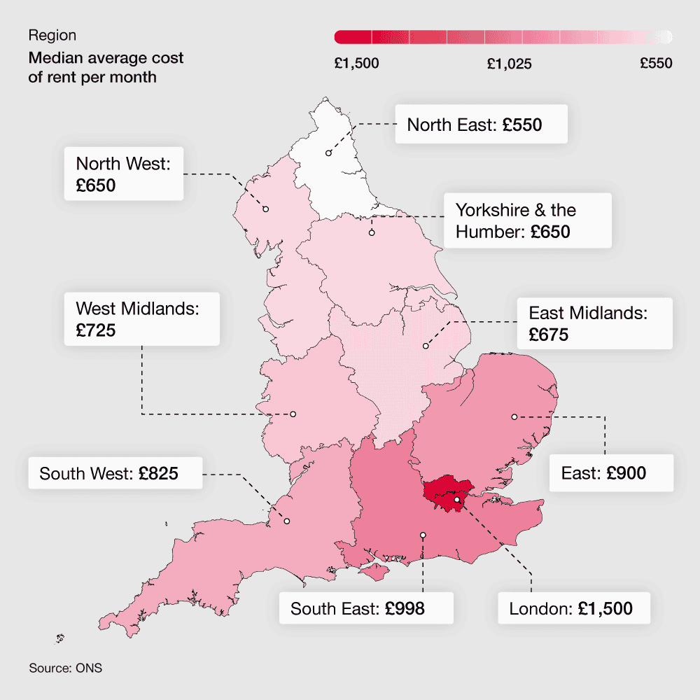 A map graphic containing the median average rental cost for various regions in the UK
