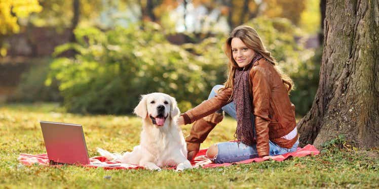 woman-with-dog-on-laptop-in-park