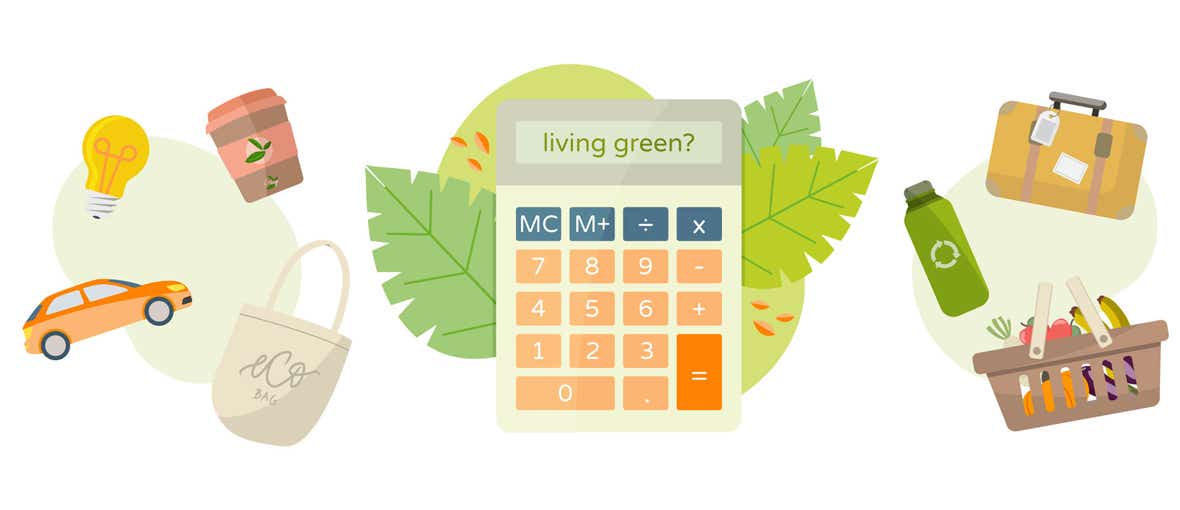 Illustration of a green calculator with images of cars, lightbulbs, reusable coffee cups and water bottles